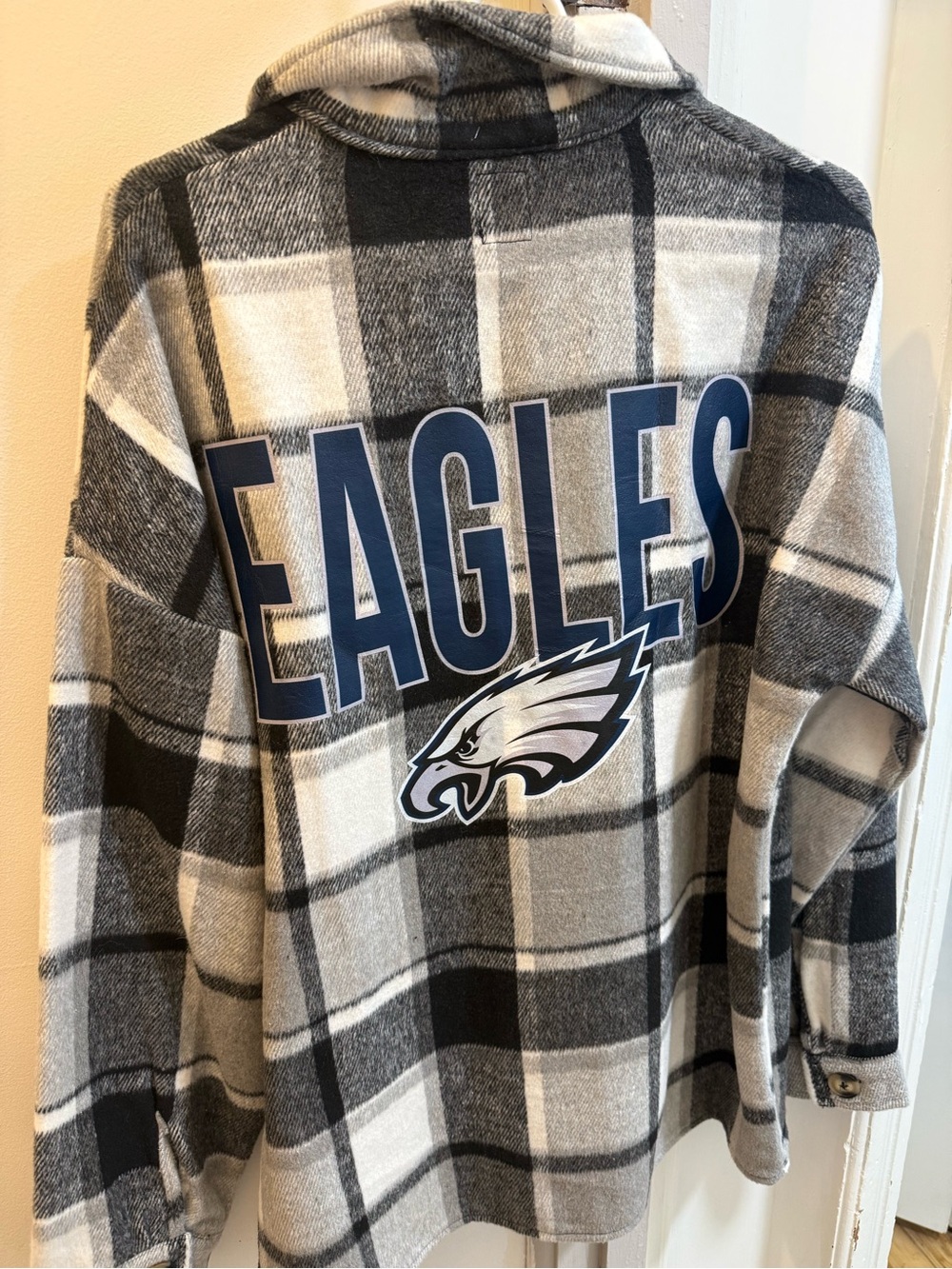 Women's Gray & Black Plaid Button-Down Shirt Jacket with Eagles Graphic